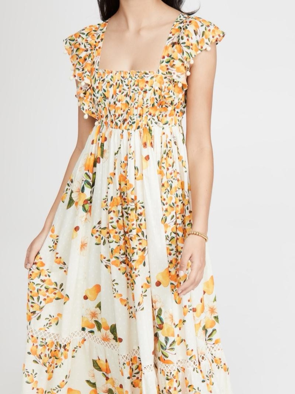 FARM Rio Cashew Ruffle Crossback Maxi Dress White Orange Floral S - Picture 16 of 16
